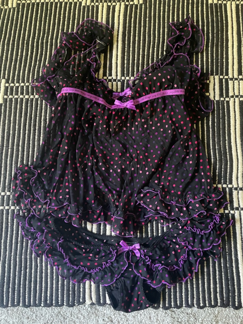Victoria's Secret Black Sheer Chemise & Ruffle Brief with Pink Polka Dots